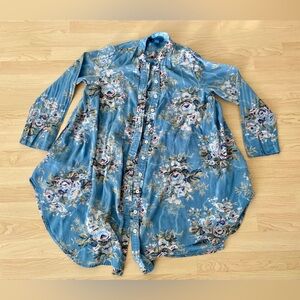 April Cornell Button Down Blouse Tunic Top Floral Flowy Blue Shirt Pink Roses